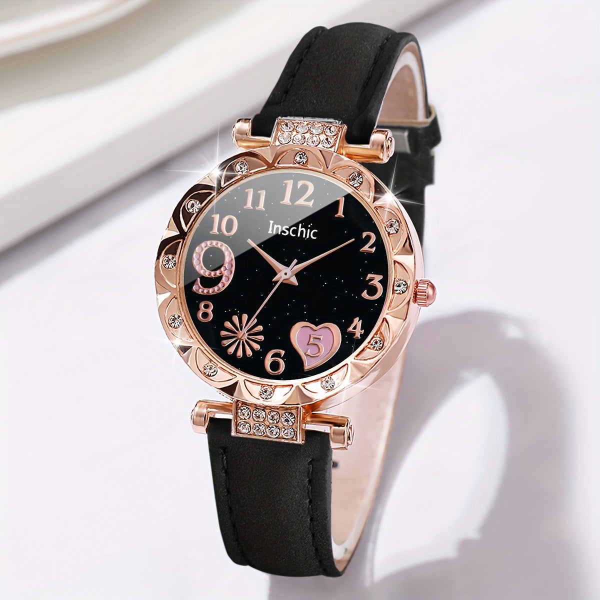 2pcs/set Women's Casual Heart Rhinestone Quartz Watch Analog PU Leather Wrist Watch & Bracelet, Valentines Gift For Her