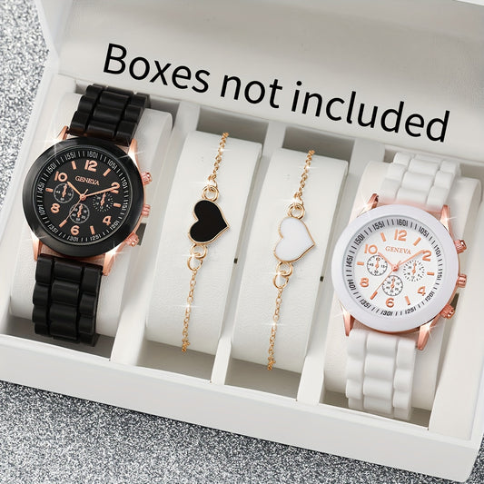 4pcs/set Casual Fashion Quartz Watch & Heart Bracelets, Valentines Gift For Women Men Him Her