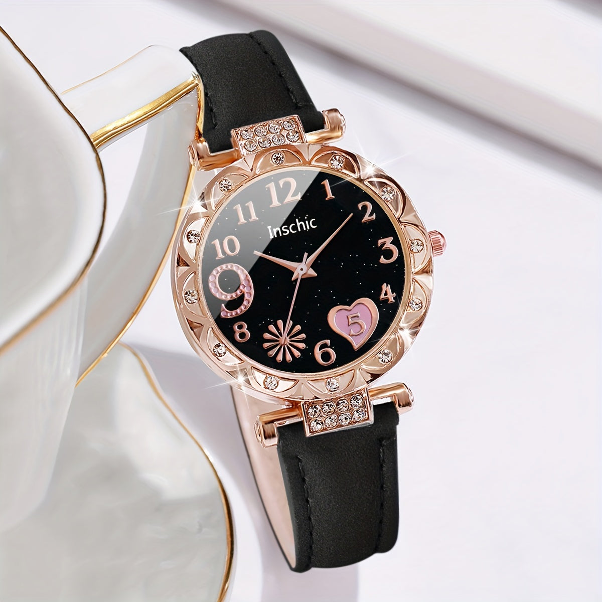 2pcs/set Women's Casual Heart Rhinestone Quartz Watch Analog PU Leather Wrist Watch & Bracelet, Valentines Gift For Her