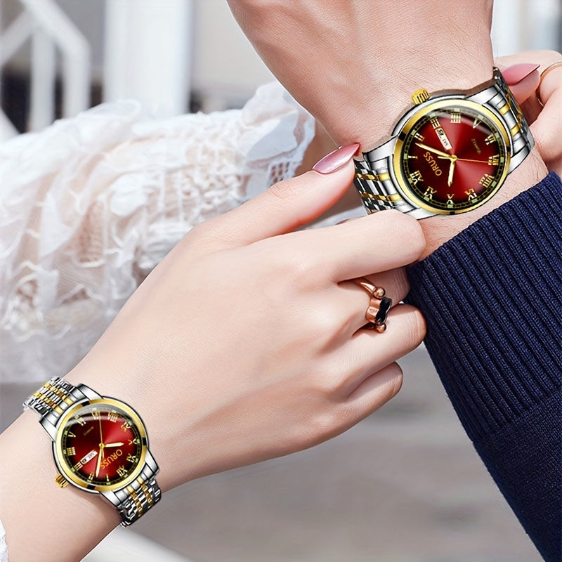 2pcs Couple Quartz Watch Vintage Calendar Rome Fashion Analog Wrist Watch For Women Men, Valentines Gift For Him Her Date Watch