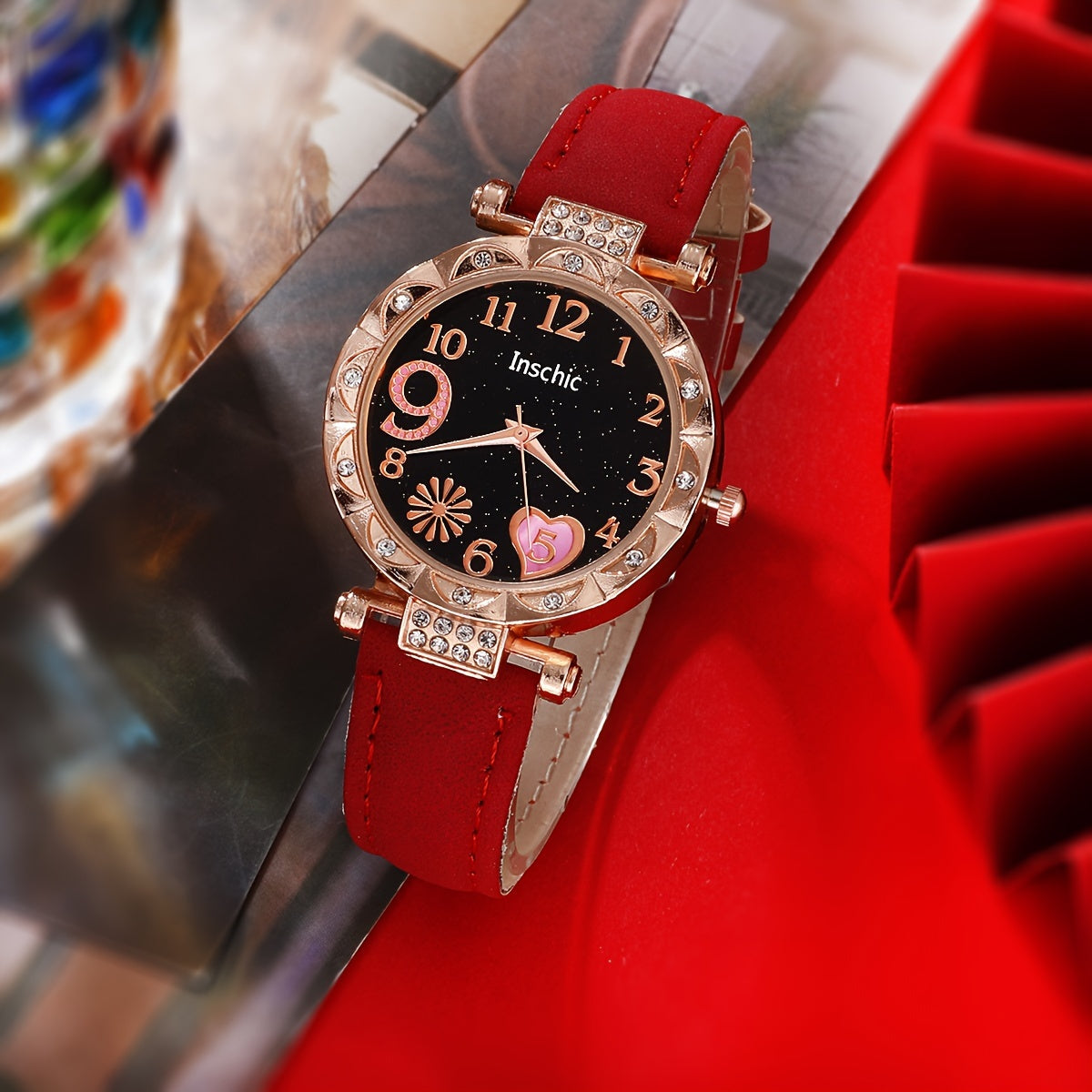 6pcs/set Women's Elegant Heart Rhinestone Quartz Watch Analog PU Leather Wrist Watch & Bracelets, Valentines Gift For Her