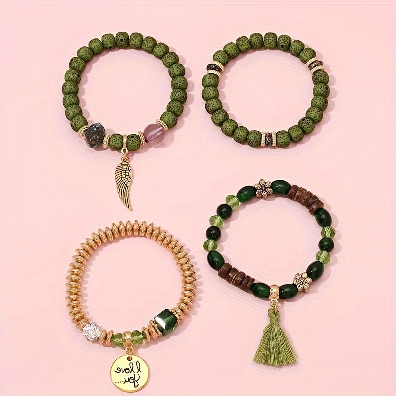 4pcs Vintage Beaded Charm Bracelet Set - Sparkling Synthetic Gems, Tassel & Wing Accents, No Plating, Perfect for Daily Wear on Valentines Day and Beyond