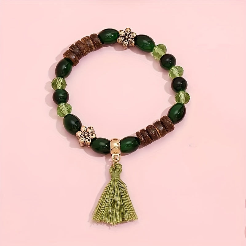 4pcs Vintage Beaded Charm Bracelet Set - Sparkling Synthetic Gems, Tassel & Wing Accents, No Plating, Perfect for Daily Wear on Valentines Day and Beyond