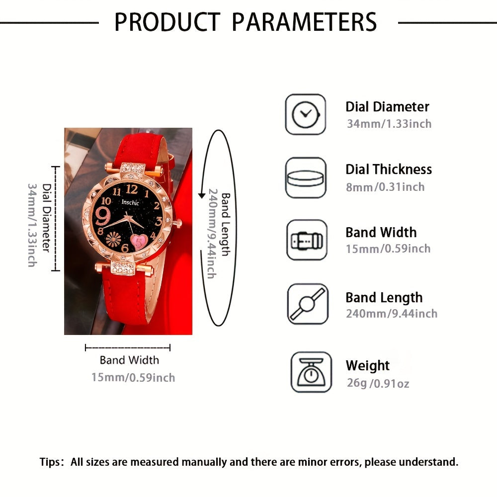 6pcs/set Women's Elegant Heart Rhinestone Quartz Watch Analog PU Leather Wrist Watch & Bracelets, Valentines Gift For Her