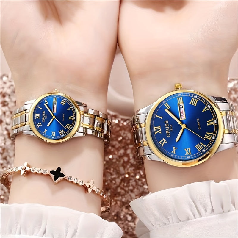 2pcs Couples Quartz Watch Business Leisure Fashion Calendar Analog Wrist Watch, Valentines Gift For Women Men Date Watch