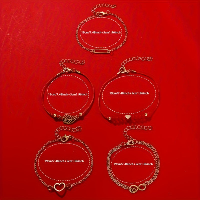 6pcs/set Women's Elegant Heart Rhinestone Quartz Watch Analog PU Leather Wrist Watch & Bracelets, Valentines Gift For Her