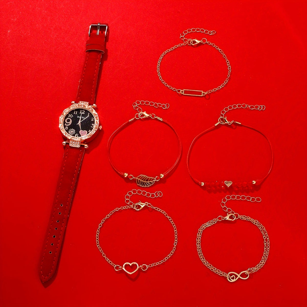 6pcs/set Women's Elegant Heart Rhinestone Quartz Watch Analog PU Leather Wrist Watch & Bracelets, Valentines Gift For Her