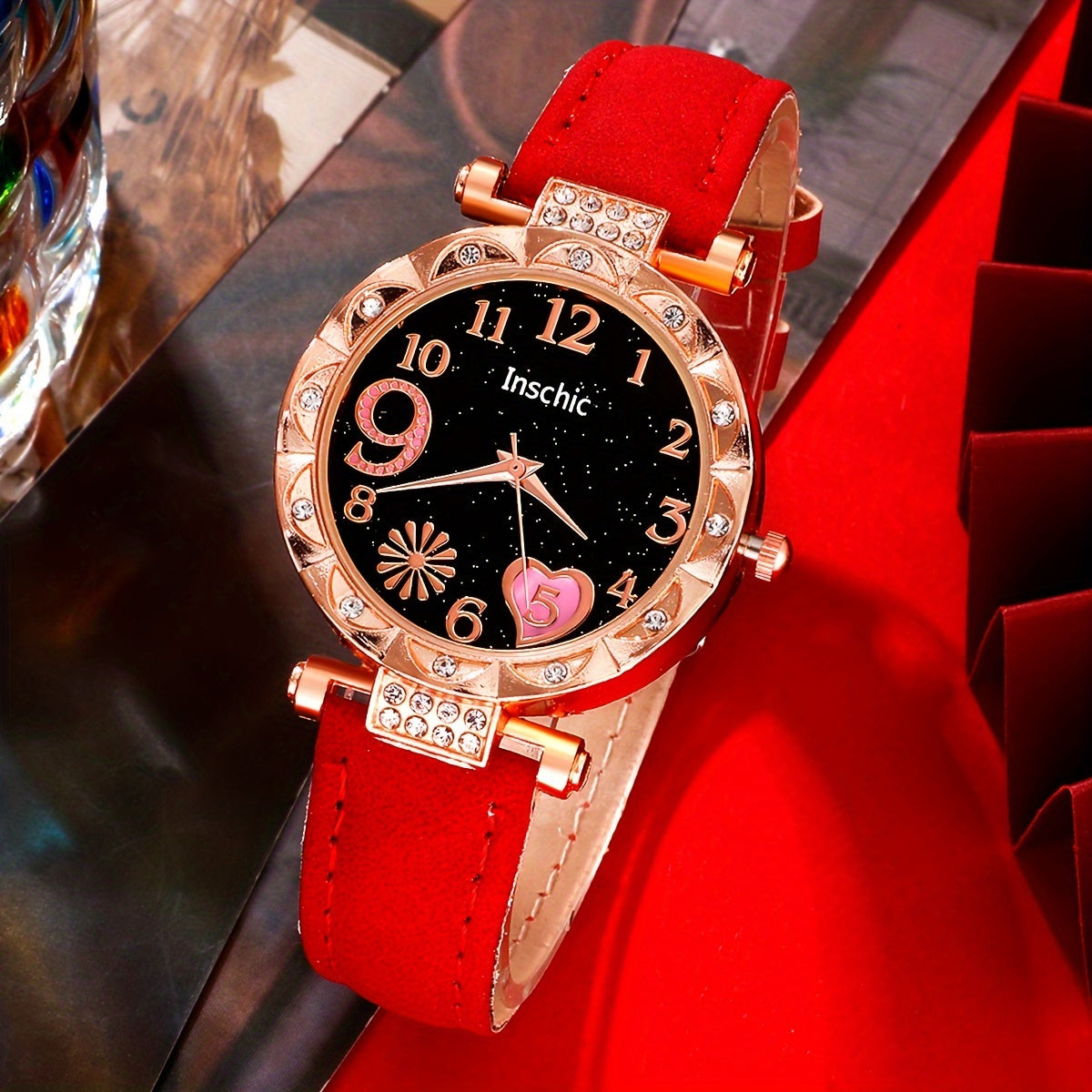 6pcs/set Women's Elegant Heart Rhinestone Quartz Watch Analog PU Leather Wrist Watch & Bracelets, Valentines Gift For Her