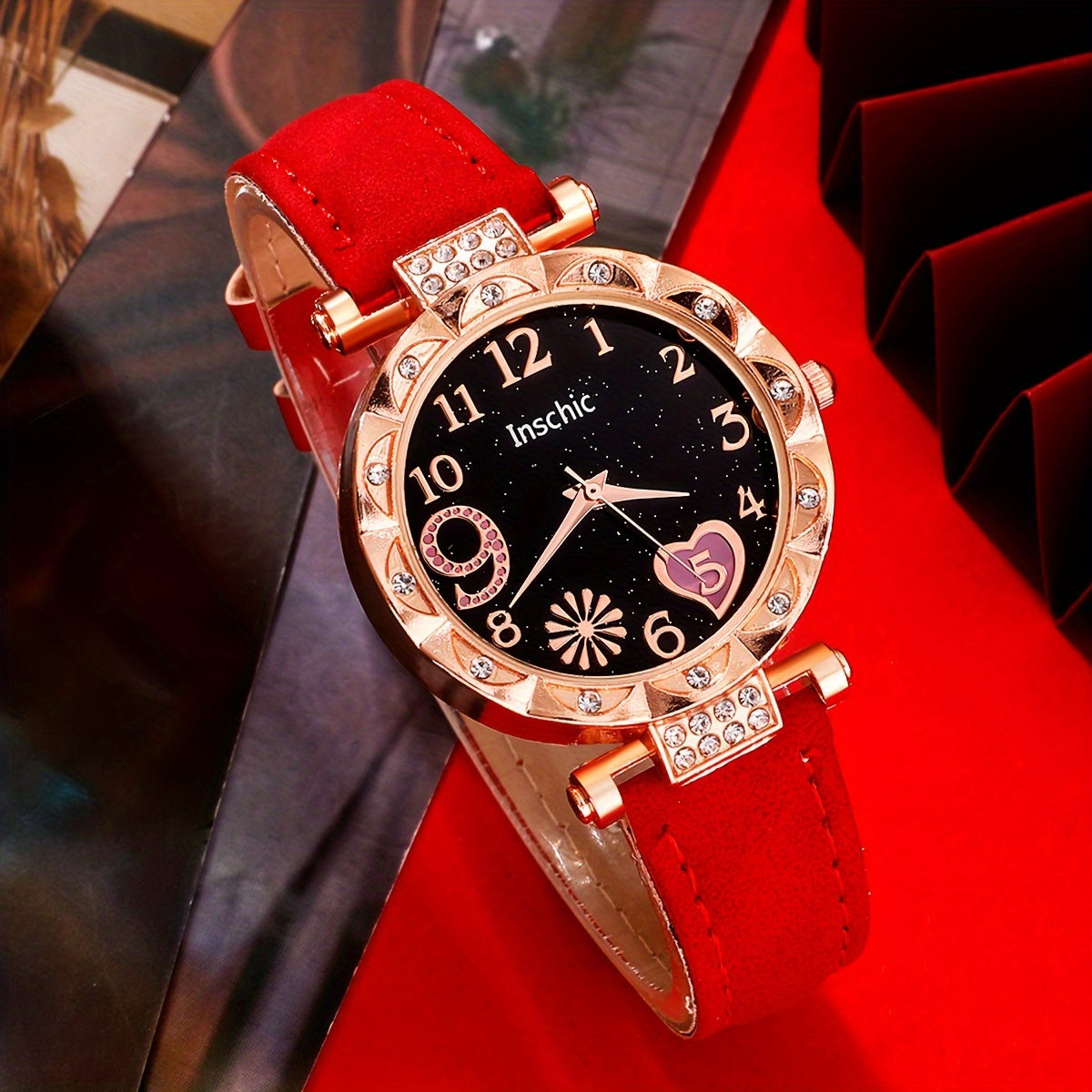 6pcs/set Women's Elegant Heart Rhinestone Quartz Watch Analog PU Leather Wrist Watch & Bracelets, Valentines Gift For Her