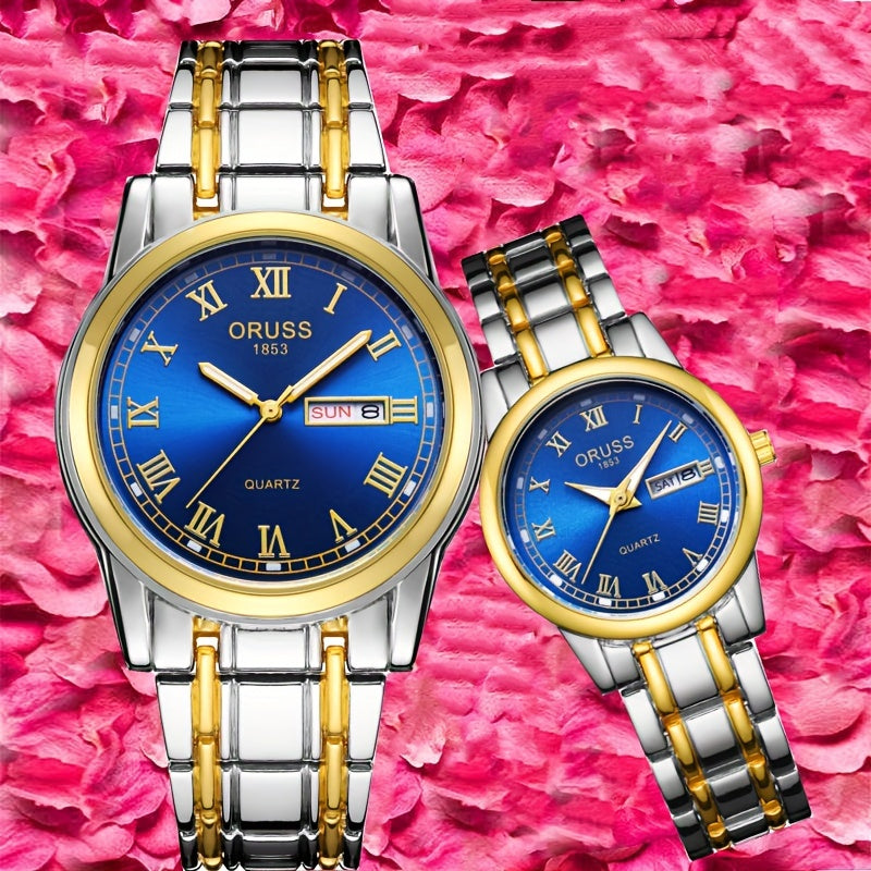 2pcs Couples Quartz Watch Business Leisure Fashion Calendar Analog Wrist Watch, Valentines Gift For Women Men Date Watch