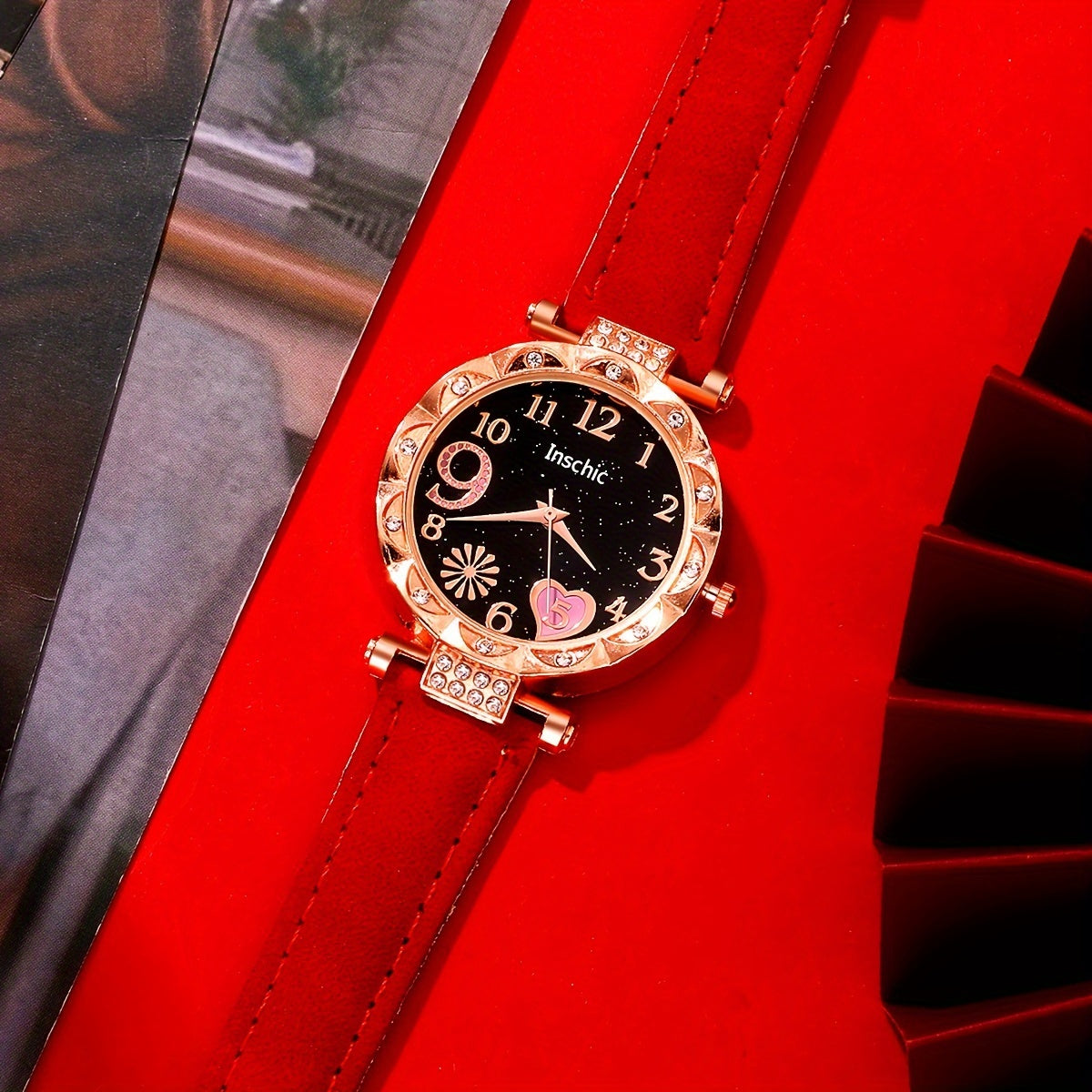 6pcs/set Women's Elegant Heart Rhinestone Quartz Watch Analog PU Leather Wrist Watch & Bracelets, Valentines Gift For Her