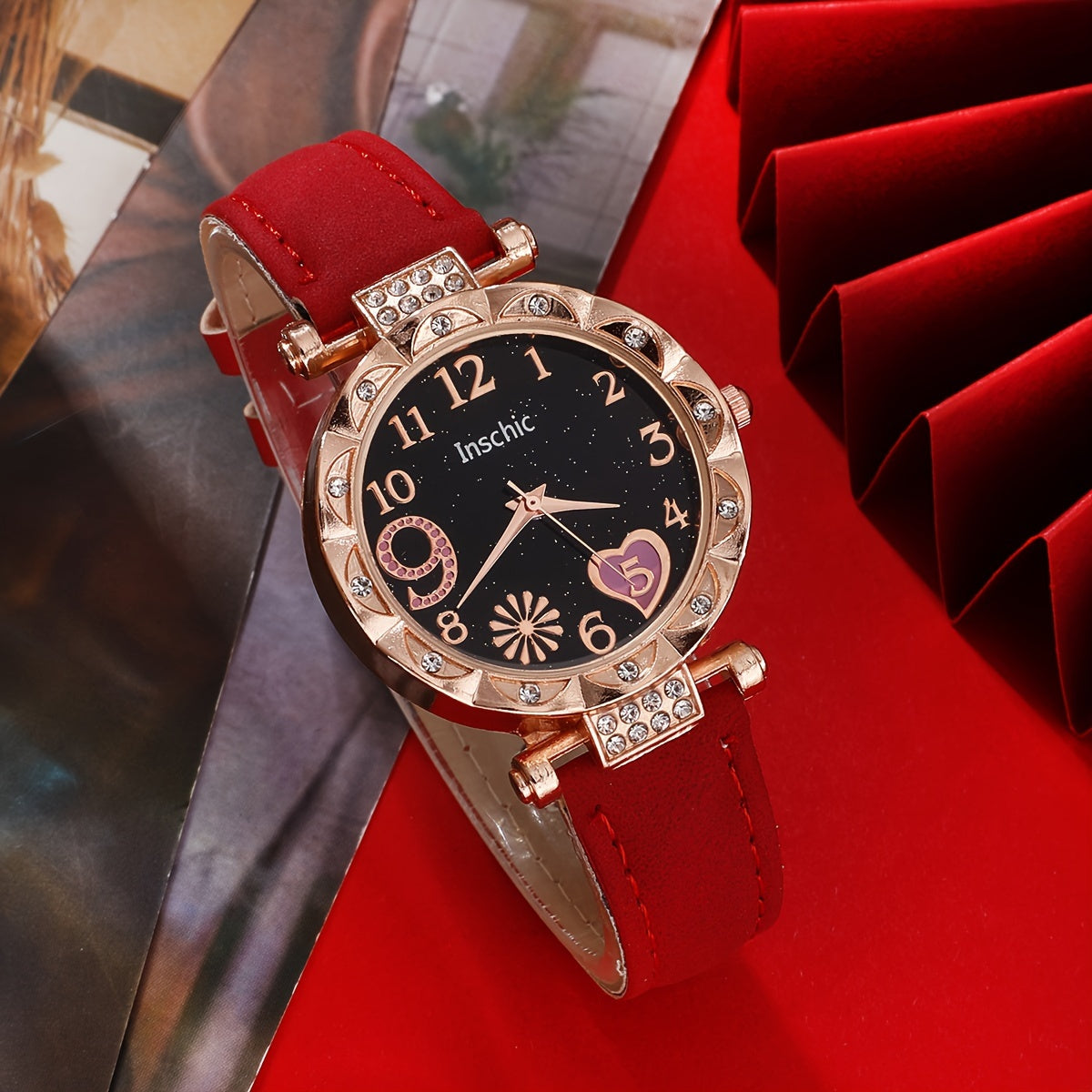 6pcs/set Women's Elegant Heart Rhinestone Quartz Watch Analog PU Leather Wrist Watch & Bracelets, Valentines Gift For Her