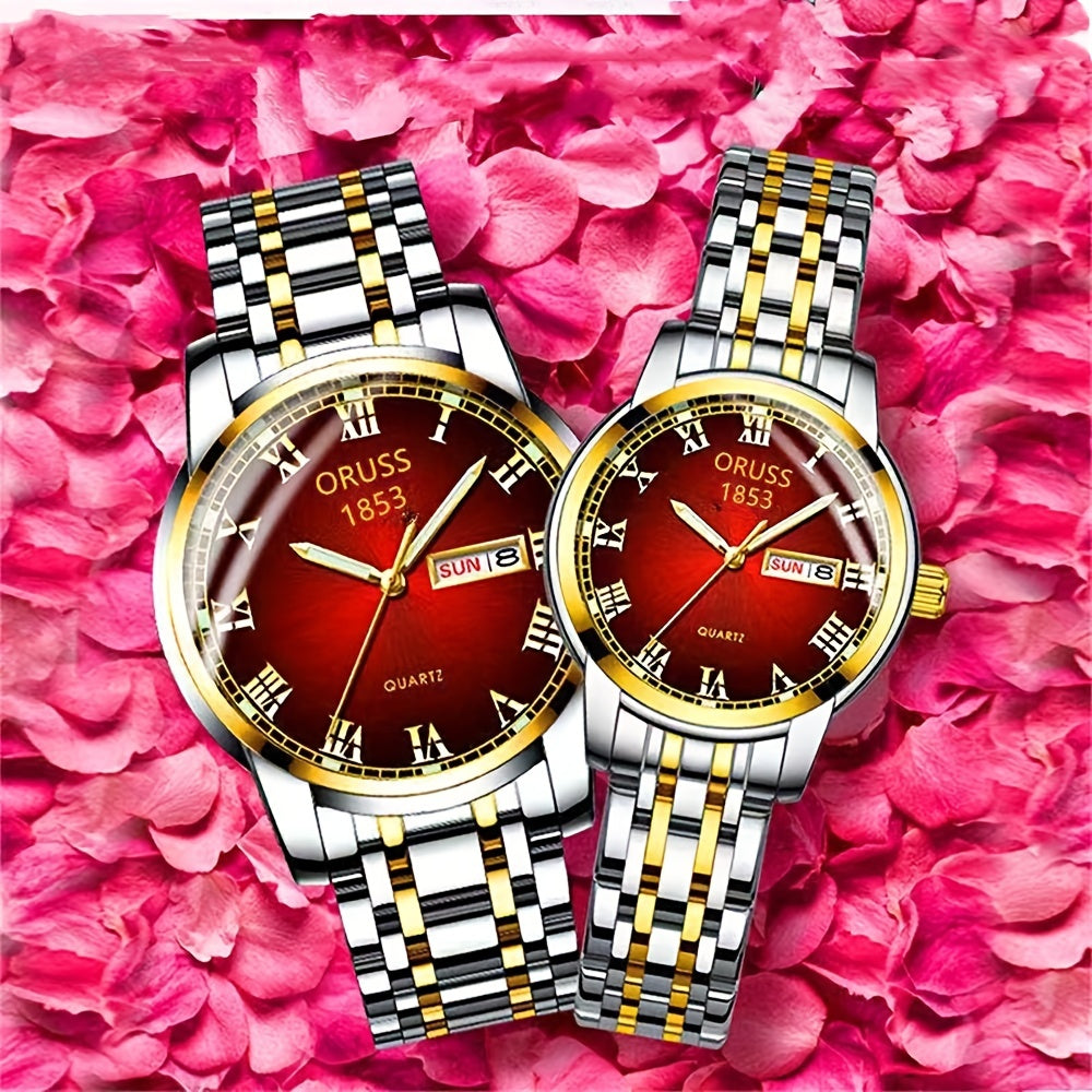 2pcs Couple Quartz Watch Vintage Calendar Rome Fashion Analog Wrist Watch For Women Men, Valentines Gift For Him Her Date Watch