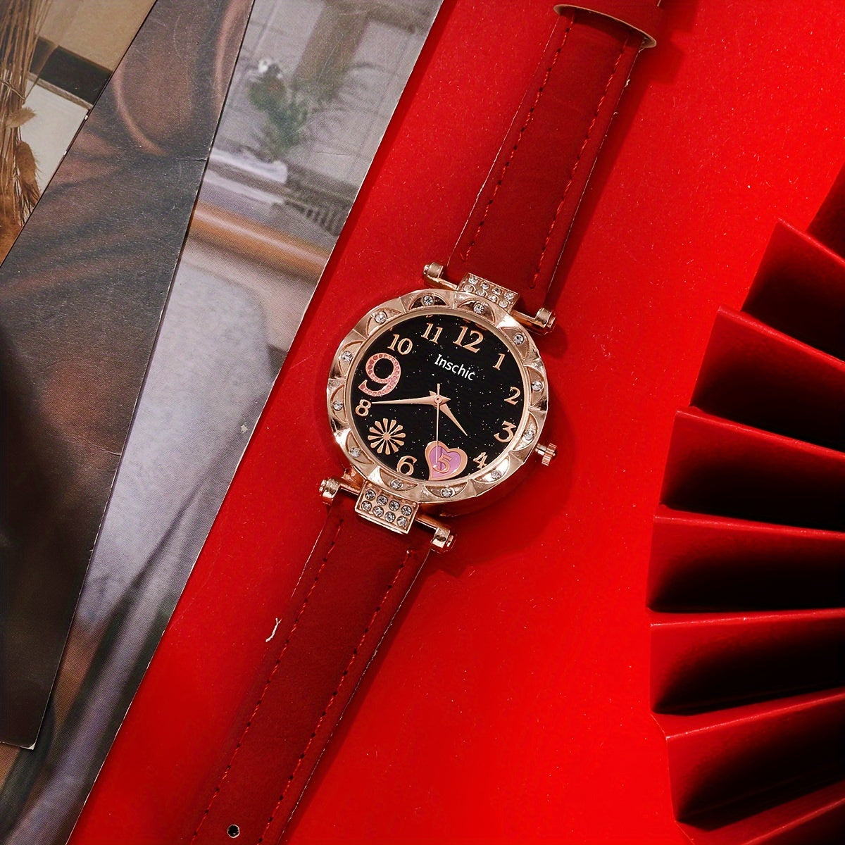 6pcs/set Women's Elegant Heart Rhinestone Quartz Watch Analog PU Leather Wrist Watch & Bracelets, Valentines Gift For Her