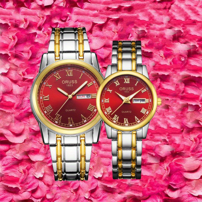 2pcs Couple Quartz Watch Vintage Calendar Rome Fashion Analog Wrist Watch For Women Men, Valentines Gift For Him Her Date Watch