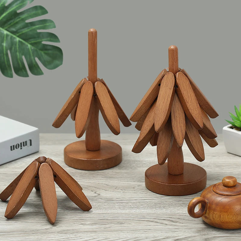 4PCS Tree Design Stand Bamboo Wooden Trivets Decorative Anti Scald Heat Resistant Table Mat Coaster Wood Placemats Pot