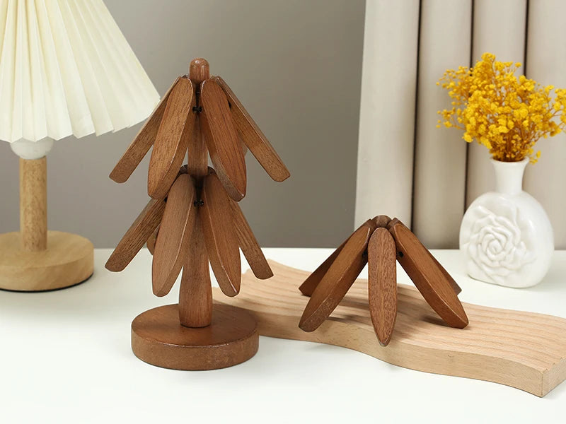 4PCS Tree Design Stand Bamboo Wooden Trivets Decorative Anti Scald Heat Resistant Table Mat Coaster Wood Placemats Pot