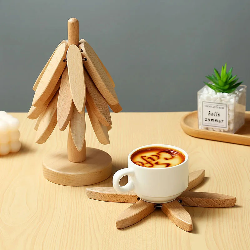 4PCS Tree Design Stand Bamboo Wooden Trivets Decorative Anti Scald Heat Resistant Table Mat Coaster Wood Placemats Pot