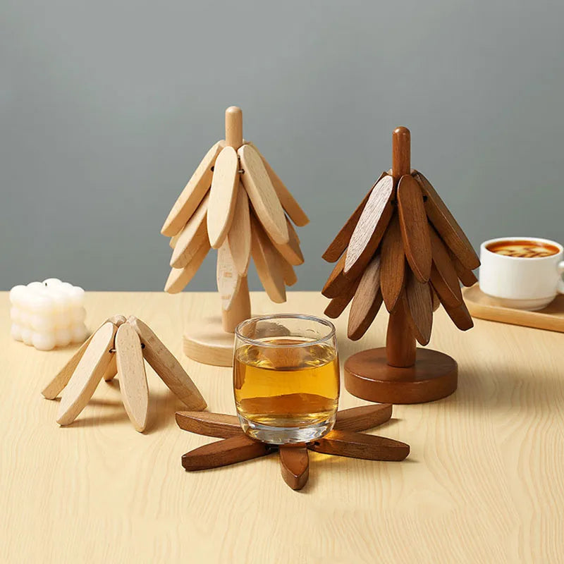 4PCS Tree Design Stand Bamboo Wooden Trivets Decorative Anti Scald Heat Resistant Table Mat Coaster Wood Placemats Pot