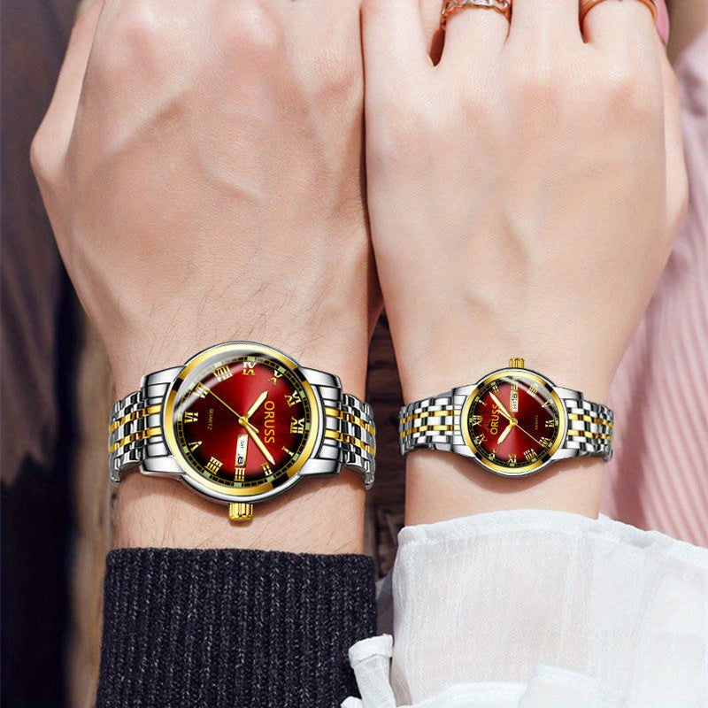 2pcs Couple Quartz Watch Vintage Calendar Rome Fashion Analog Wrist Watch For Women Men, Valentines Gift For Him Her Date Watch