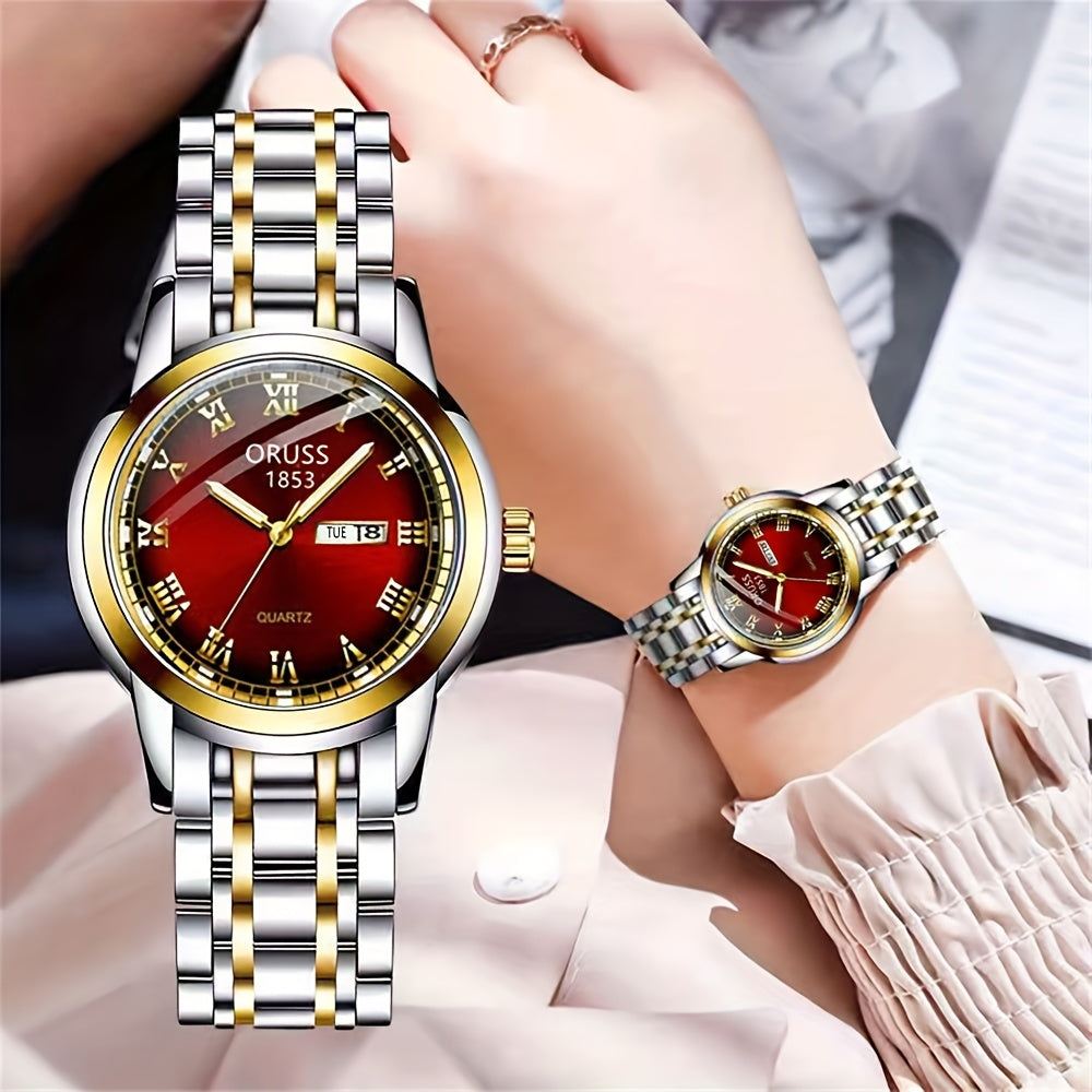 2pcs Couple Quartz Watch Vintage Calendar Rome Fashion Analog Wrist Watch For Women Men, Valentines Gift For Him Her Date Watch