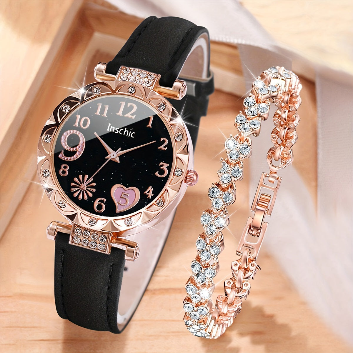 2pcs/set Women's Casual Heart Rhinestone Quartz Watch Analog PU Leather Wrist Watch & Bracelet, Valentines Gift For Her