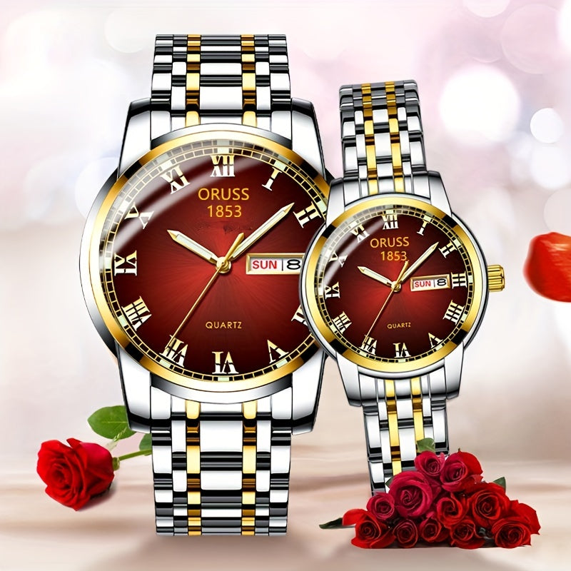 2pcs Couple Quartz Watch Vintage Calendar Rome Fashion Analog Wrist Watch For Women Men, Valentines Gift For Him Her Date Watch