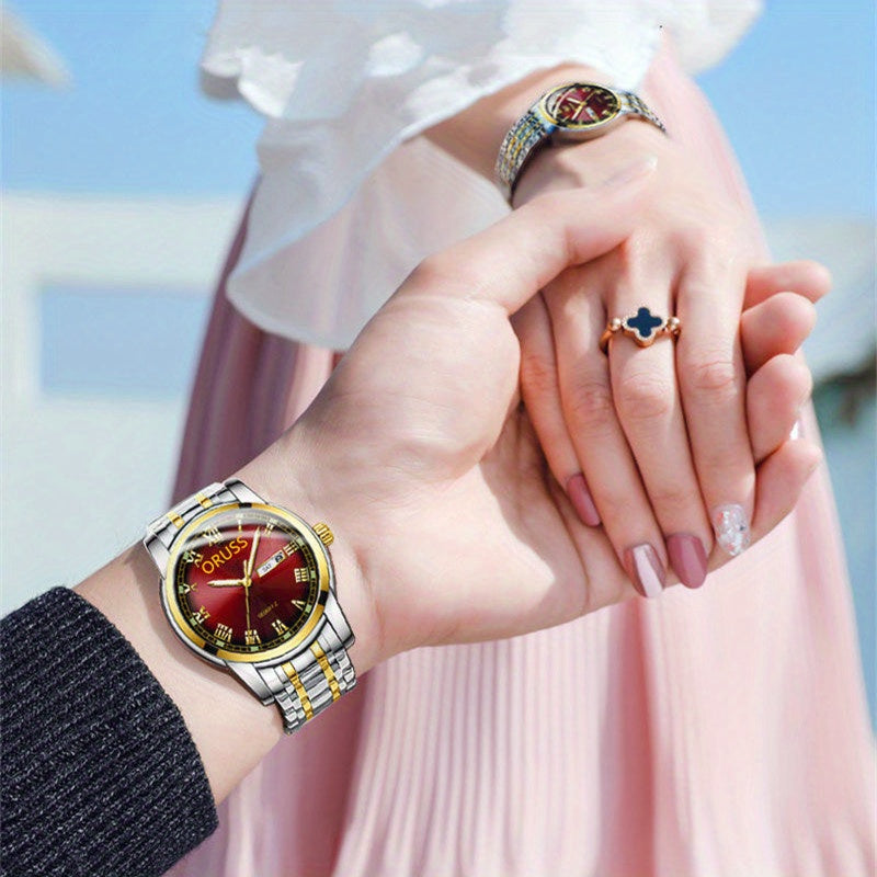 2pcs Couple Quartz Watch Vintage Calendar Rome Fashion Analog Wrist Watch For Women Men, Valentines Gift For Him Her Date Watch