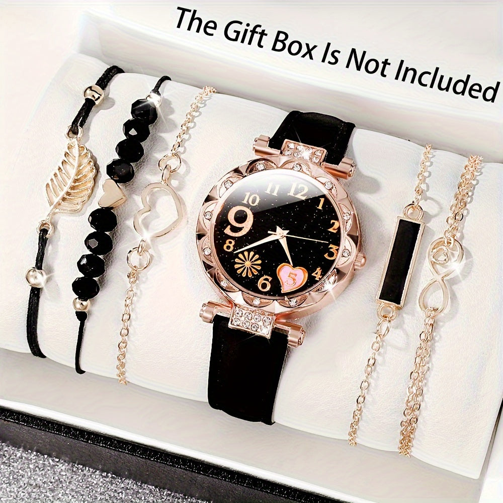 6pcs/set Women's Elegant Heart Rhinestone Quartz Watch Analog PU Leather Wrist Watch & Bracelets, Valentines Gift For Her